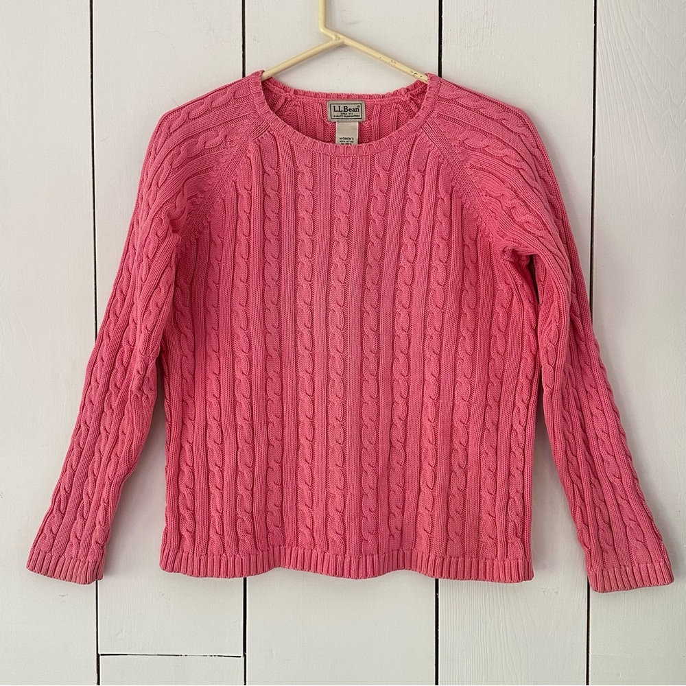 LL Bean VTG Y2K Fisherman Cable Knit Sweater Sz M Pink Academia Tennis Preppy